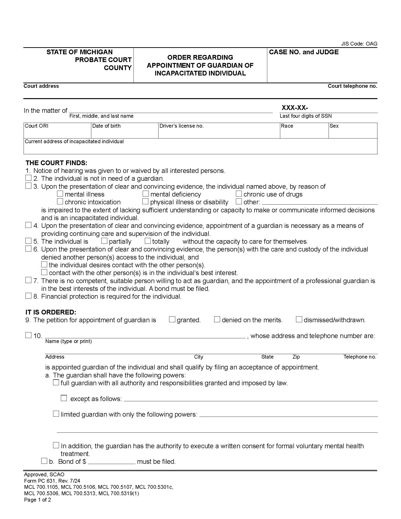 Order Regarding Appointment Of Guardian Of Incapacitated Individual {PC 631} | Pdf Fpdf Docx | Michigan