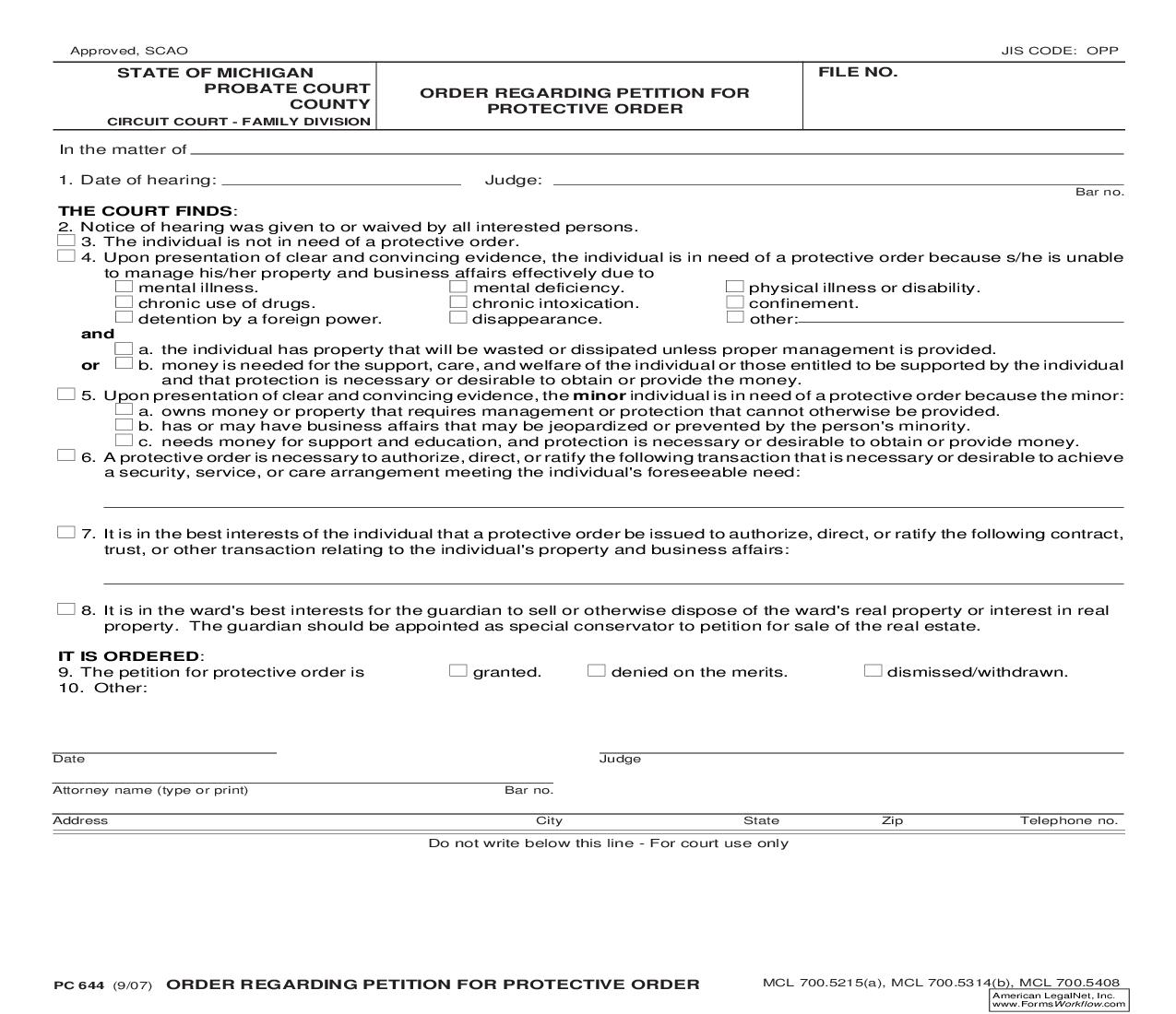 Order Regarding Petition For Protective Order {PC 644} | Pdf Fpdf Doc Docx | Michigan