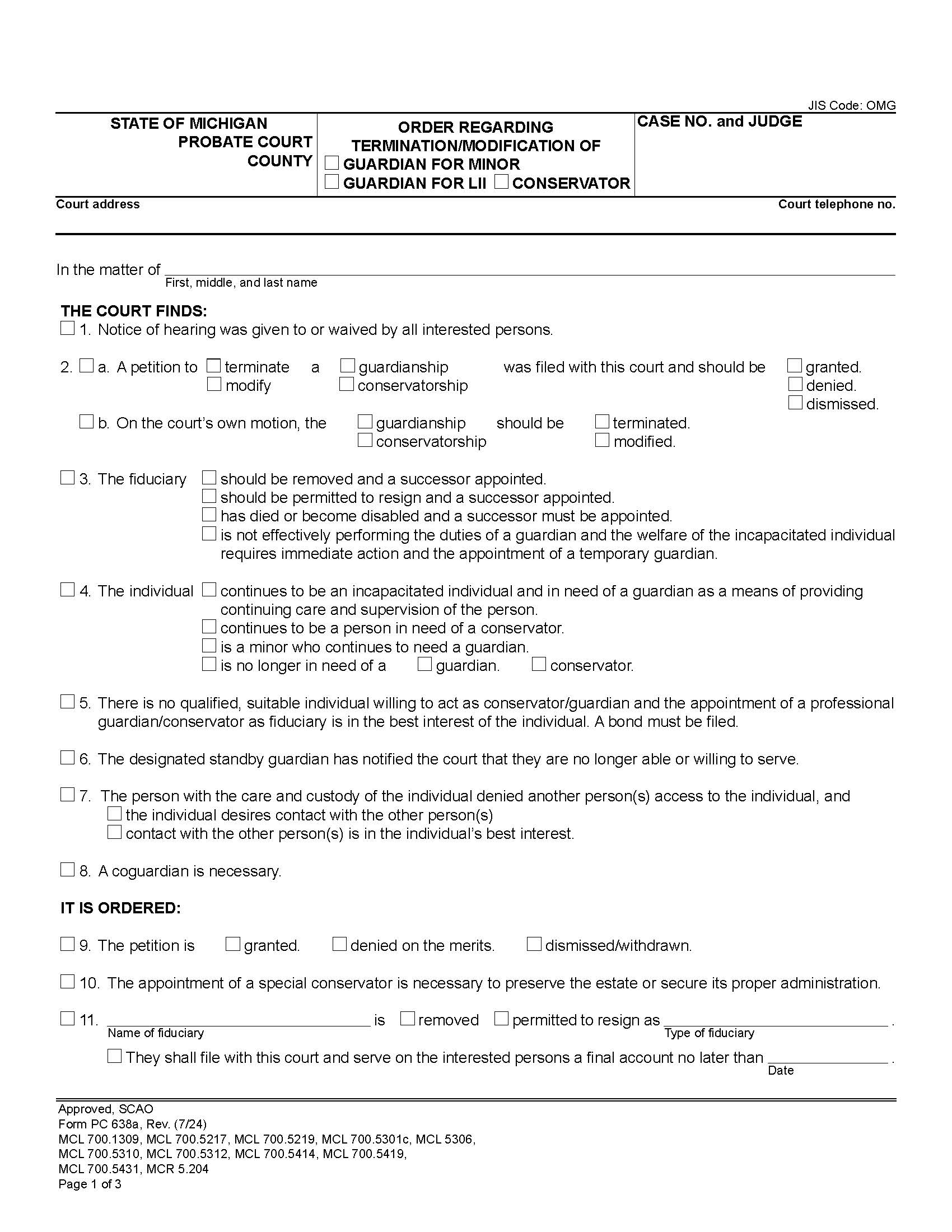 Order Regarding Petition To Terminate Modify {PC 638a} | Pdf Fpdf Docx | Michigan