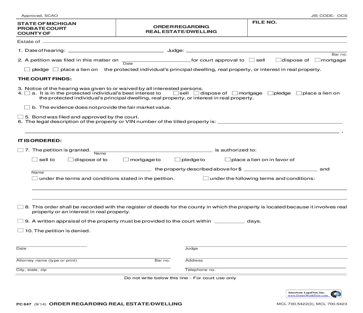 Order Regarding Real Estate Dwelling {PC 647} | Pdf Fpdf Doc Docx | Michigan
