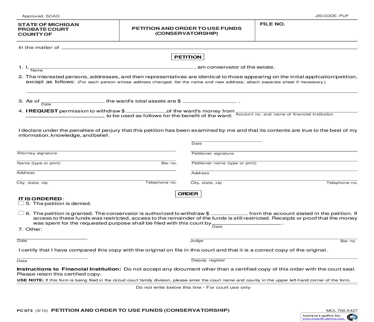 Petition And Order To Use Funds (Conservatorship) {PC 673} | Pdf Fpdf Doc Docx | Michigan