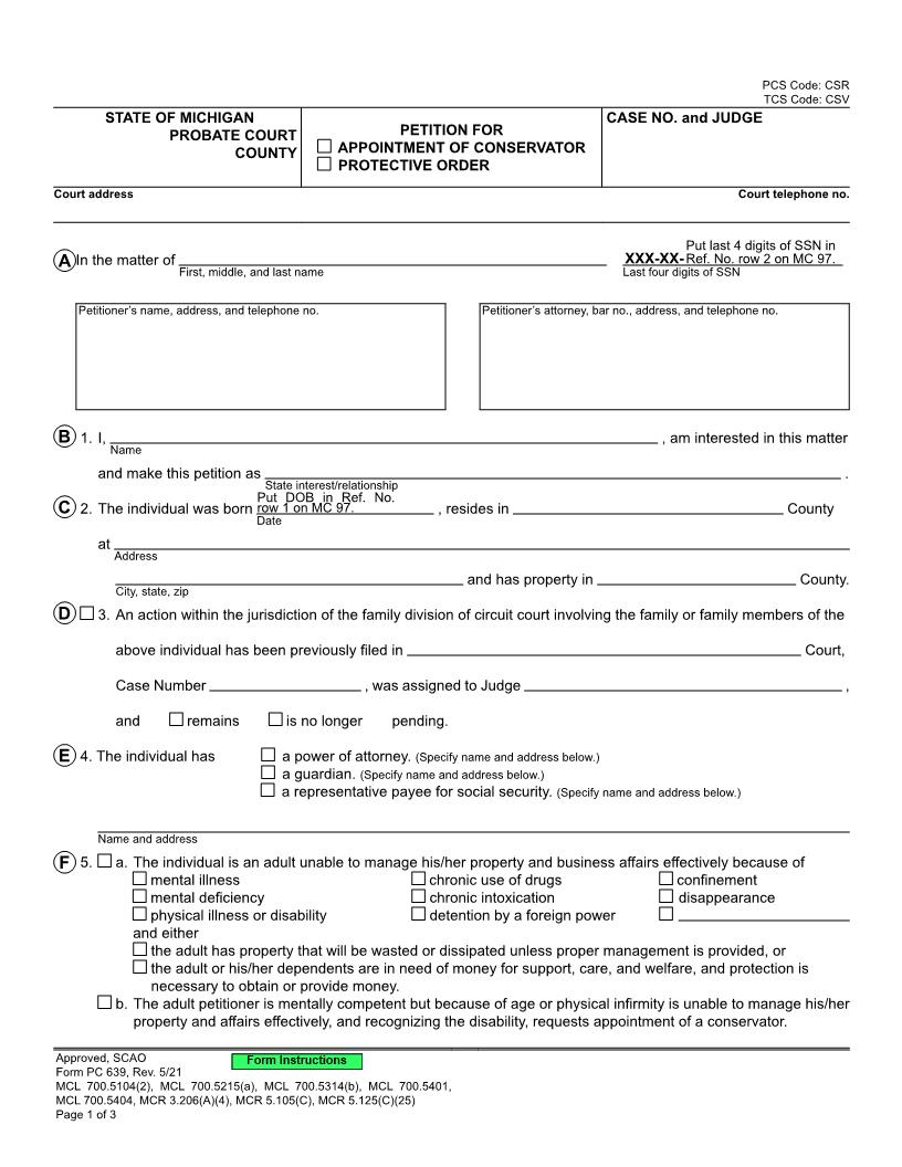 Petition For Appointment Of Conservator Or Protective Order {PC 639} | Pdf Fpdf Docx | Michigan
