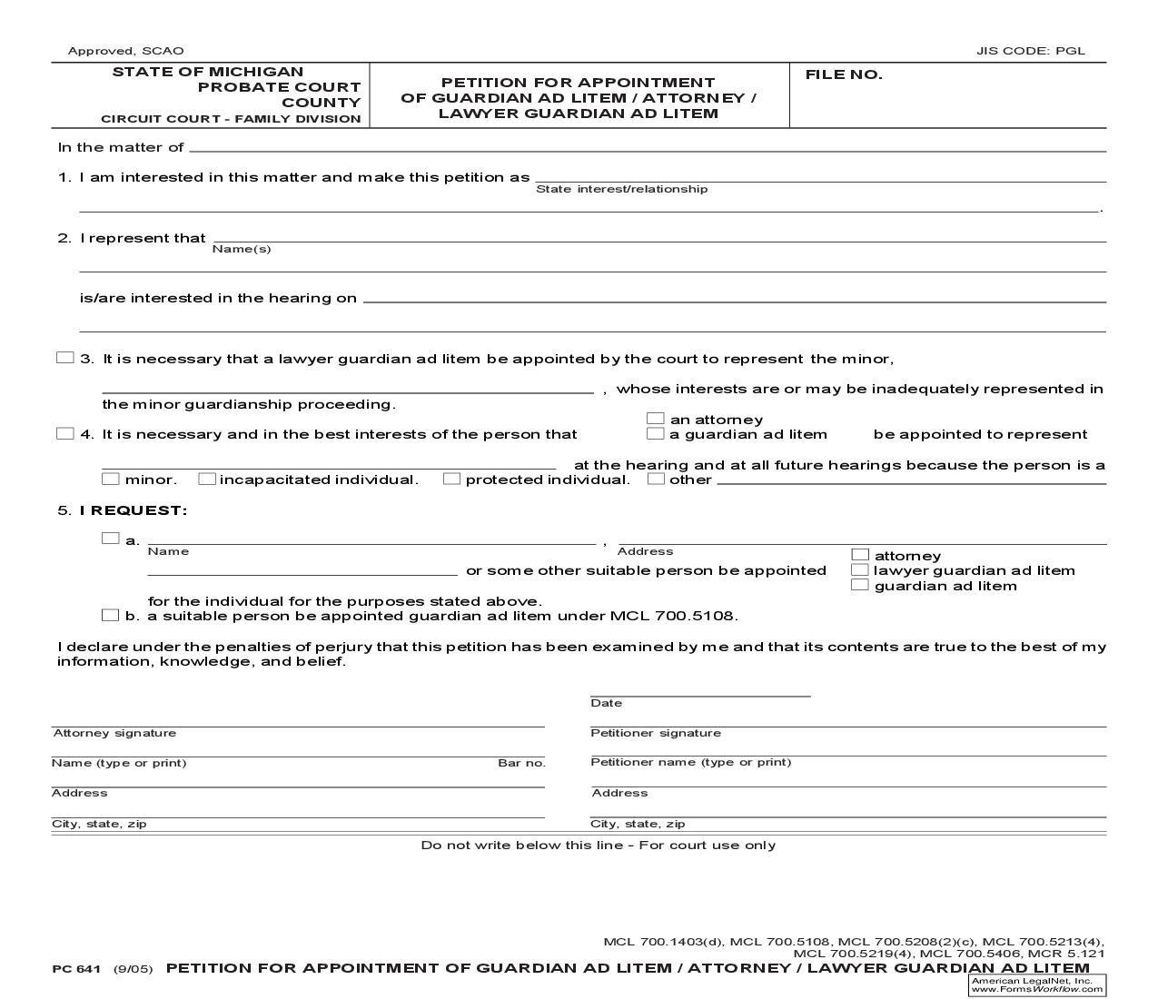 Petition For Appointment Of Guardian Ad Litem Or Attorney Or Lawyer Guardian Ad Litem {PC 641} | Pdf Fpdf Doc Docx | Michigan