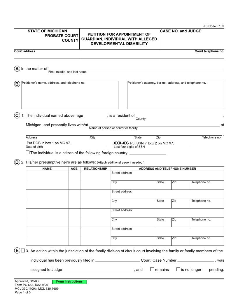 Petition For Appointment Of Guardian Individual With Alleged Developmental Disability {PC 658} | Pdf Fpdf Docx | Michigan