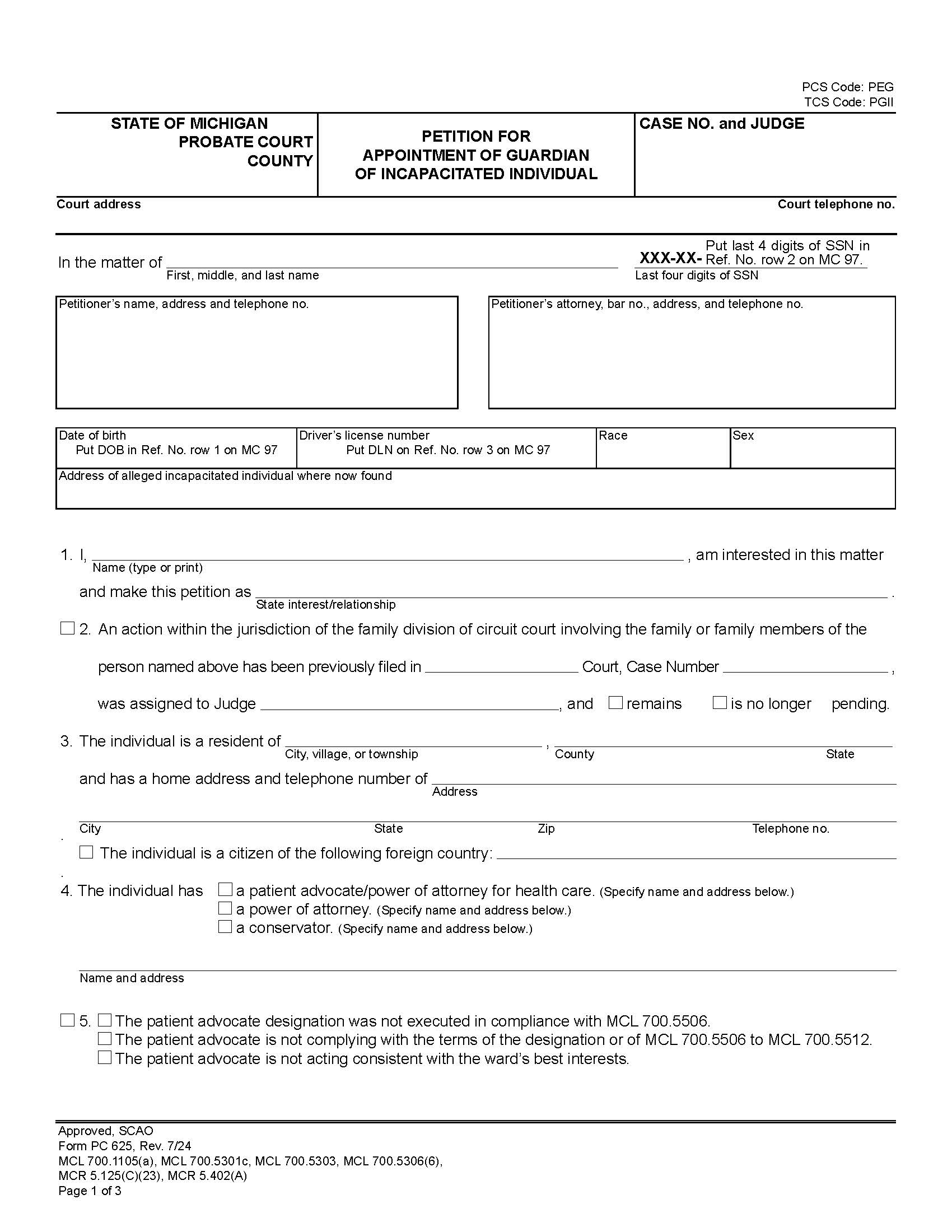 Petition For Appointment Of Guardian Of Incapacitated Individual {PC 625} | Pdf Fpdf Docx | Michigan
