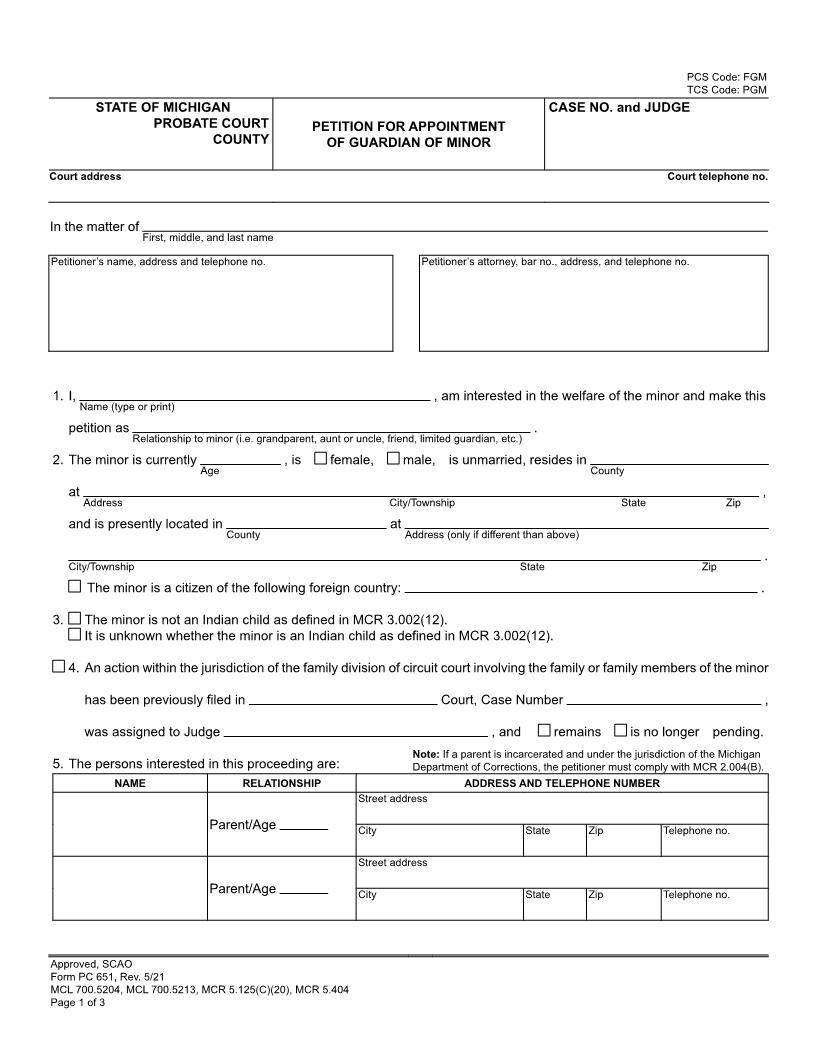 Petition For Appointment Of Guardian Of Minor {PC 651} | Pdf Fpdf Docx | Michigan