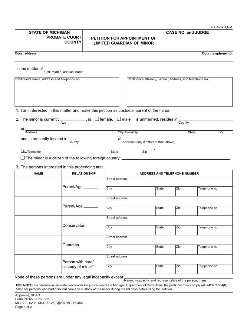 Petition For Appointment Of Limited Guardian Of Minor {PC 650} | Pdf Fpdf Docx | Michigan