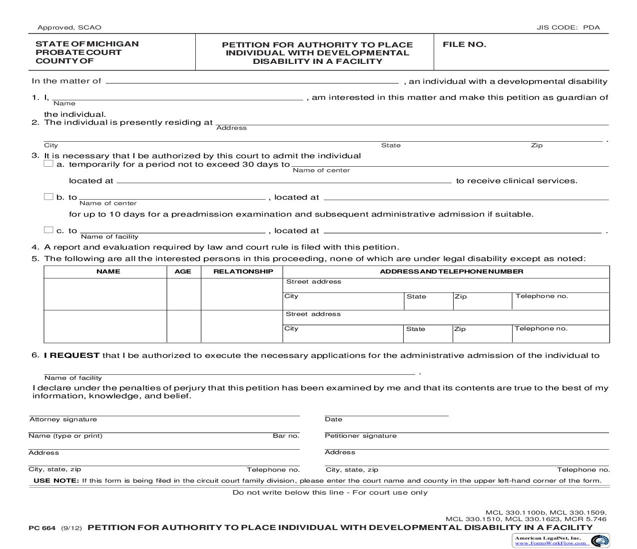 Petition For Authority Place Individual With Developmental Disability In A Facility {PC 664} | Pdf Fpdf Doc Docx | Michigan