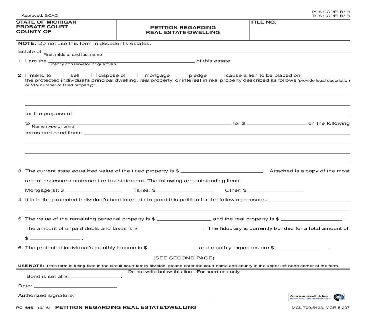 Petition Regarding Real Estate Dwelling {PC 646} | Pdf Fpdf Doc Docx | Michigan