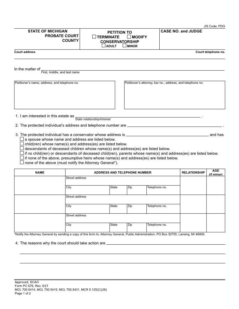 Petition To Terminate Modify Conservatorship Adult Minor {PC 676} | Pdf Fpdf Docx | Michigan