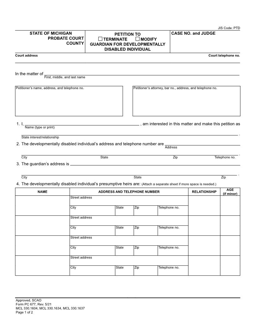Petition To Terminate Modify Guardian For Alleged Developmentally Disabled Individual {PC 677} | Pdf Fpdf Doc Docx | Michigan