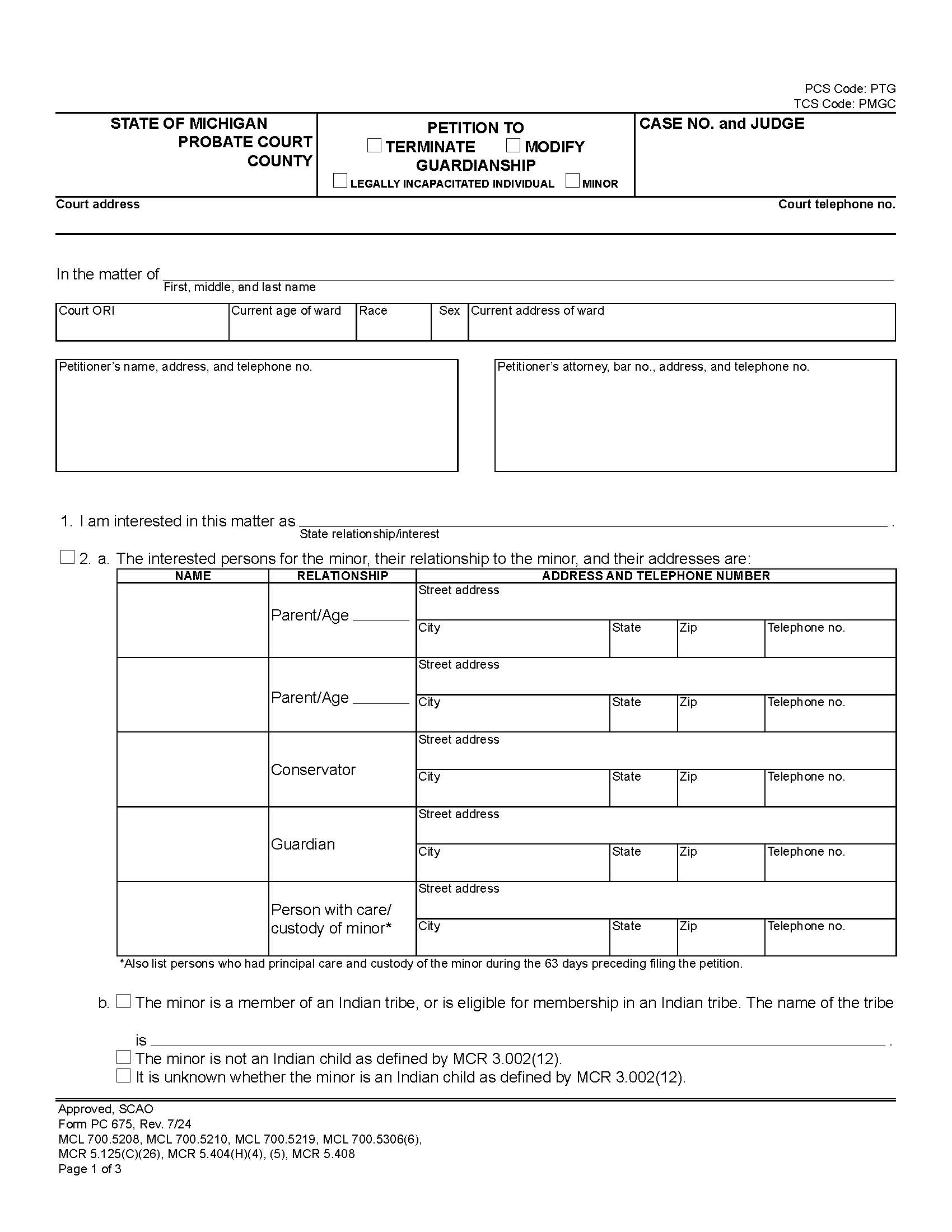 Petition To Terminate Modify Guardianship Legally Incapacitated Individual Minor {PC 675} | Pdf Fpdf Docx | Michigan