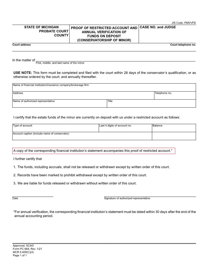 Proof Of Restricted Account And Annual Verification Of Funds On Deposit (Conservatorship Of Minor) {PC 669} | Pdf Fpdf Doc Docx | Michigan