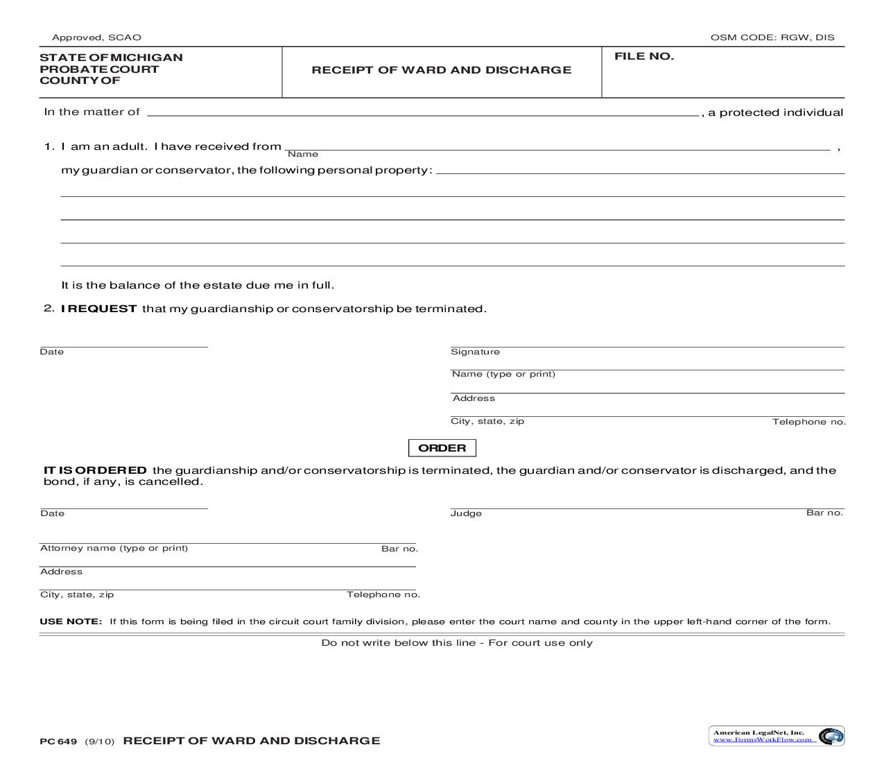 Receipt Of Ward And Discharge {PC 649} | Pdf Fpdf Doc Docx | Michigan