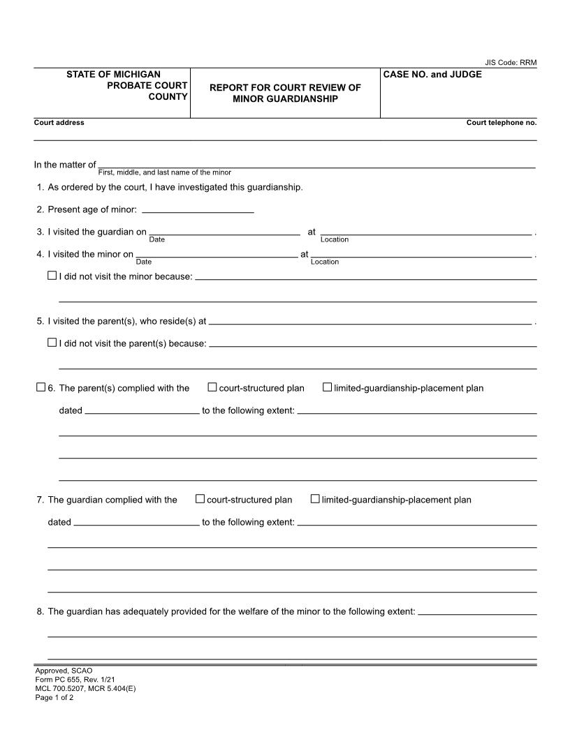 Report For Court Review Of Minor Guardianship {PC 655} | Pdf Fpdf Doc Docx | Michigan
