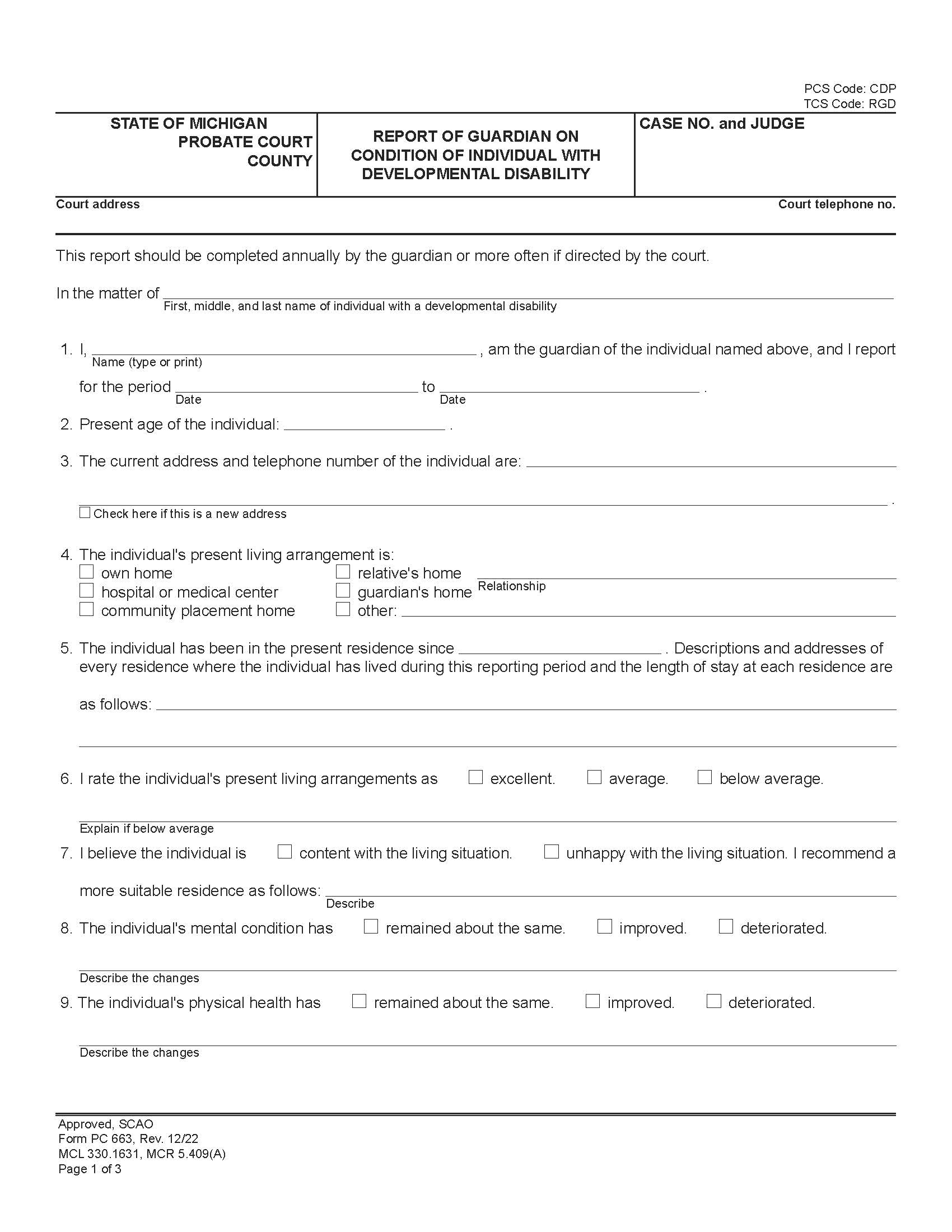 Report Of Guardian On Condition Of Individual With Developmental Disability {PC 663} | Pdf Fpdf Docx | Michigan