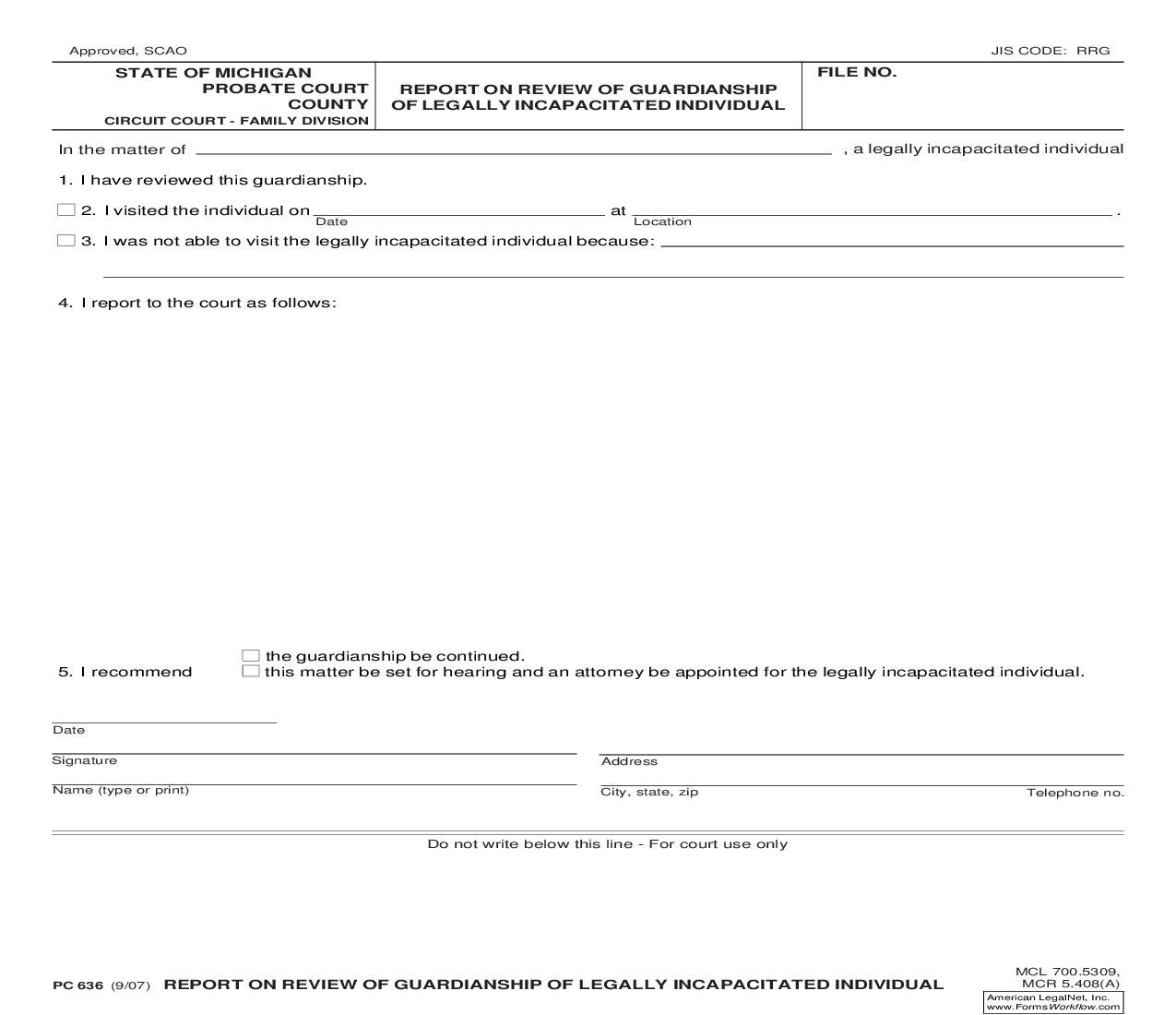 Report On Review Of Guardianship Of Legally Incapacitated Individual {PC 636} | Pdf Fpdf Doc Docx | Michigan