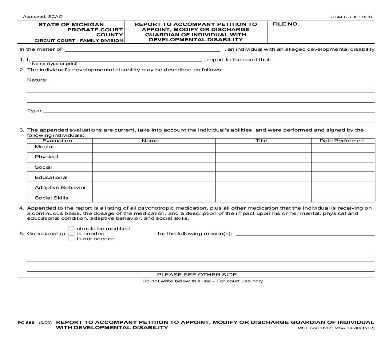 Report To Accompany Petition To Appoint Modify Or Discharge Guardian Of Individual With Developmental Disability {PC 659} | Pdf Fpdf Doc Docx | Michigan