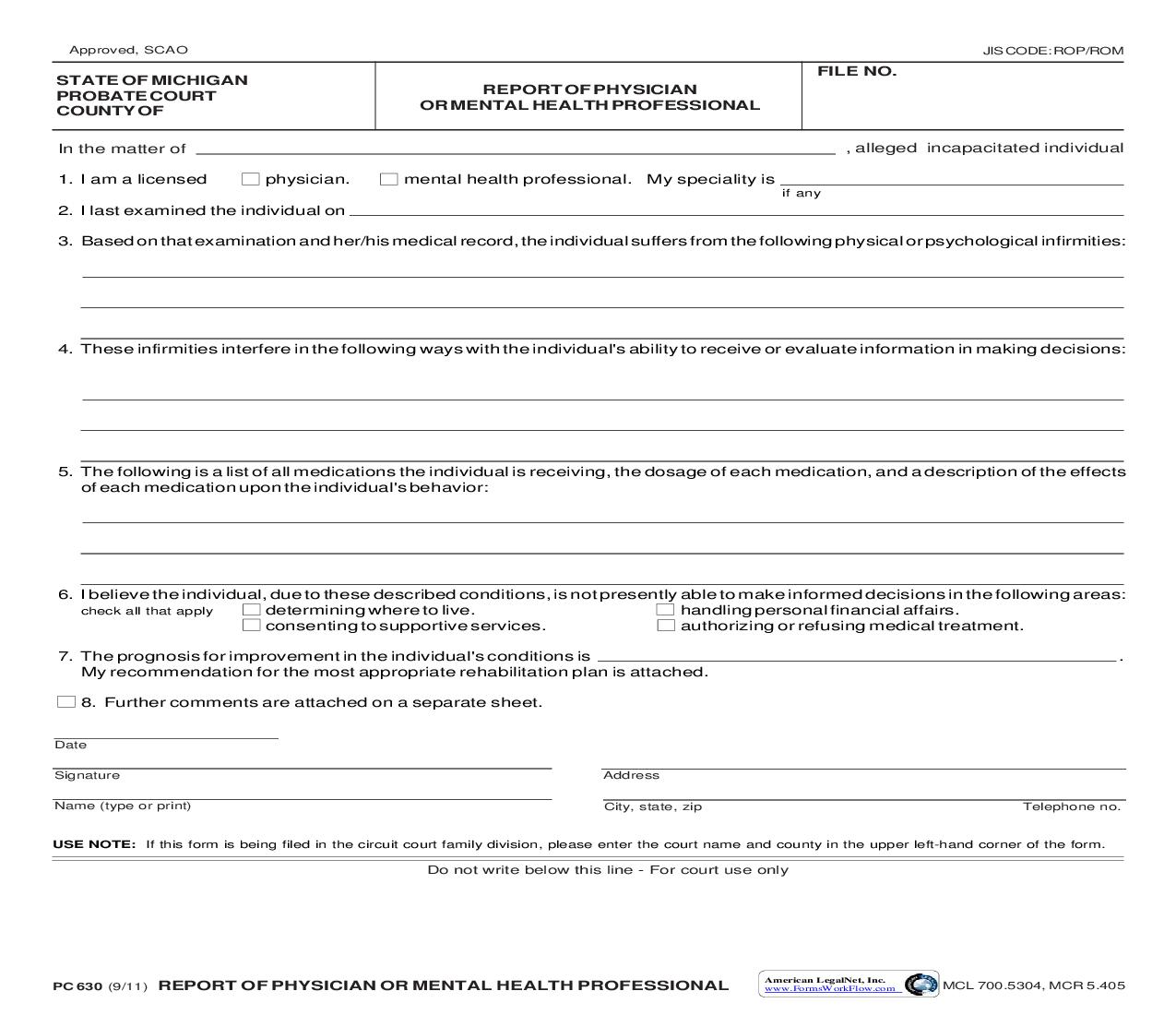 Statement Of Physician Or Mental Health Professional {PC 630} | Pdf Fpdf Doc Docx | Michigan