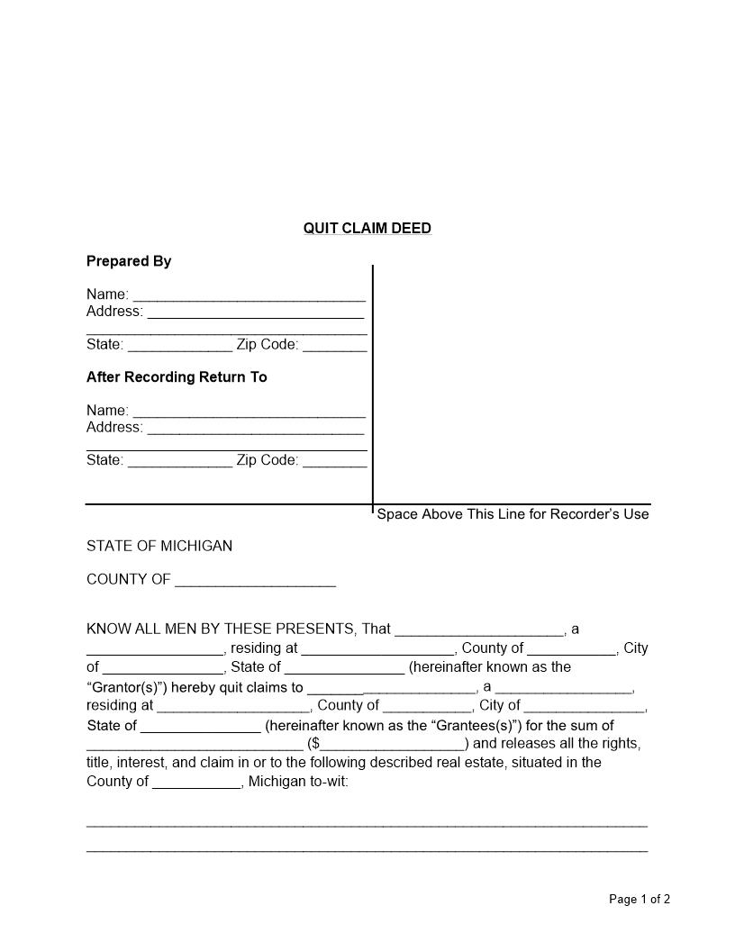 Quitclaim Deed | Pdf Fpdf Docx | Michigan