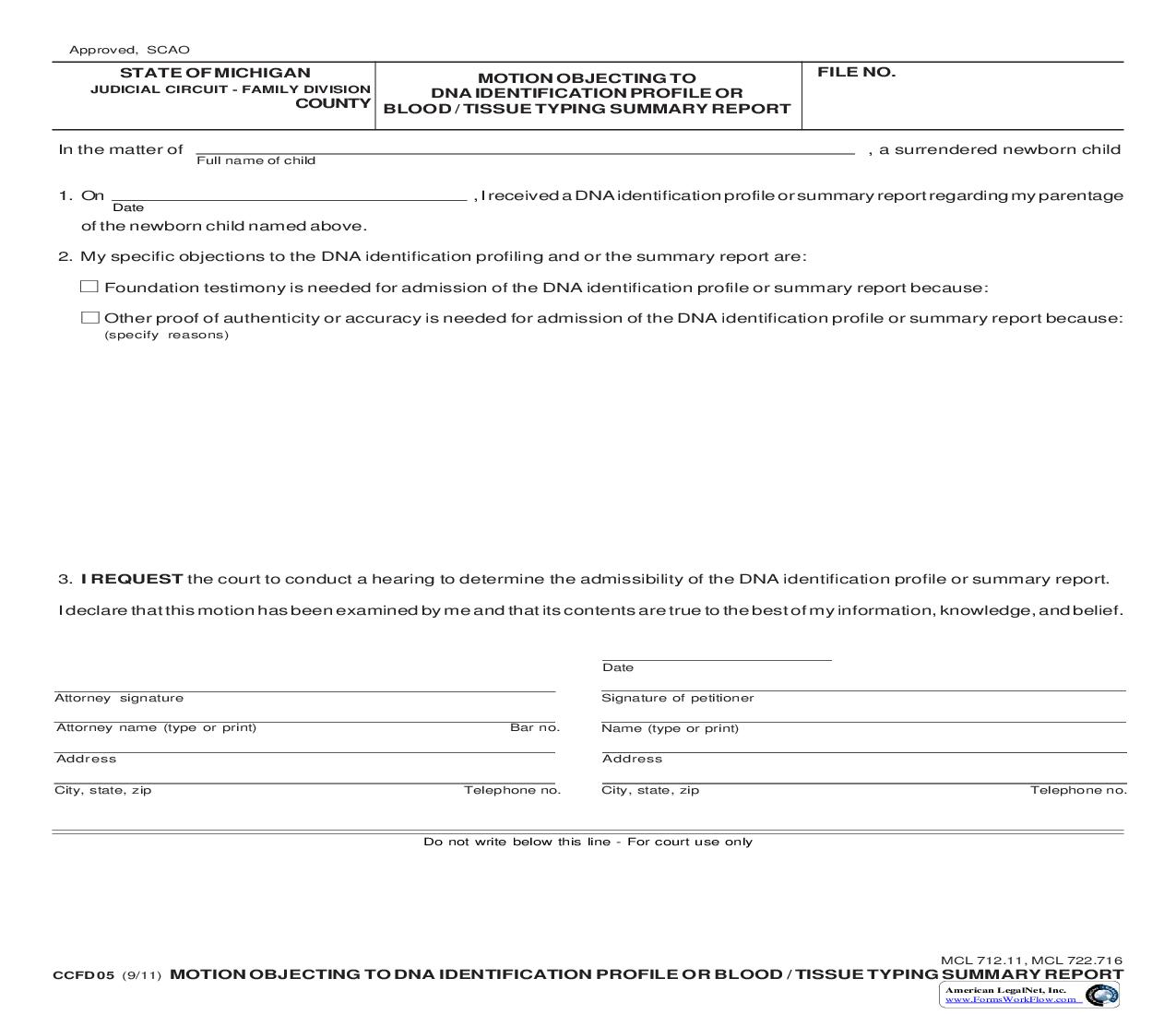 Motion Objecting To DNA Identification Profile Or Blood Or Tissue Typing Summary Report {CCFD 05} | Pdf Fpdf Doc Docx | Michigan