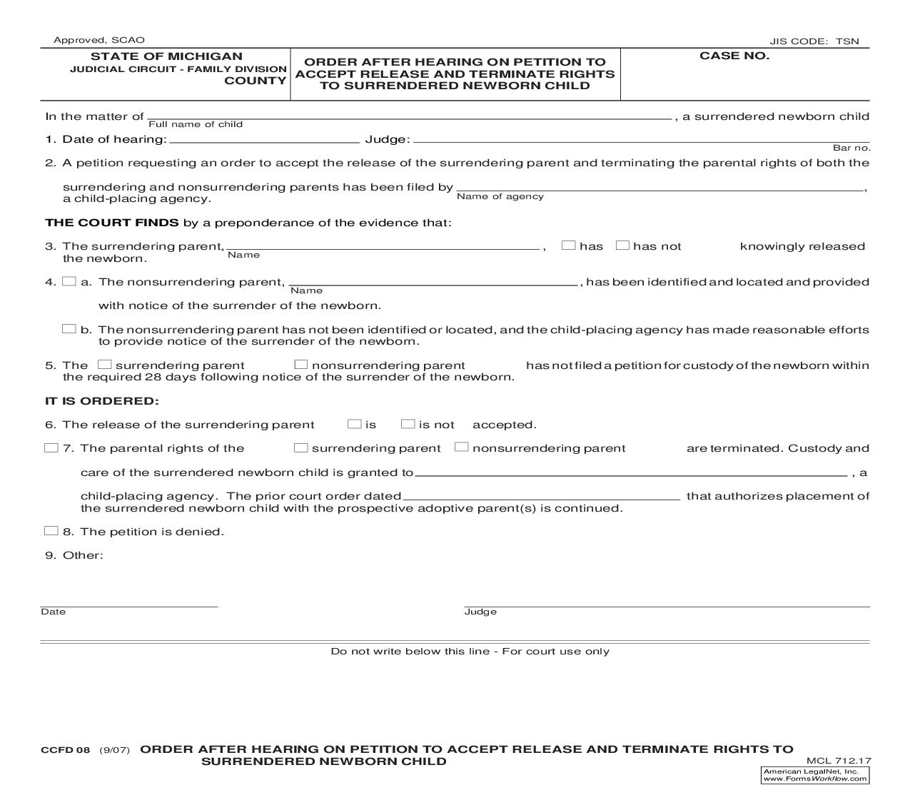 Order After Hearing On Petition To Accept Release And Terminate Rights To Surrendered Newborn Child {CCFD 08} | Pdf Fpdf Doc Docx | Michigan