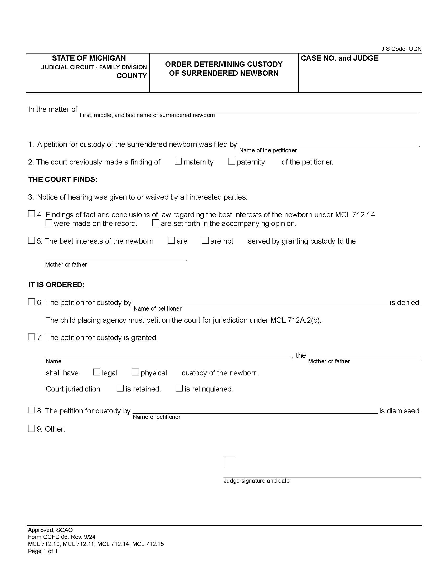 Order Determining Custody Of Surrendered Newborn Child {CCFD 06} | Pdf Fpdf Doc Docx | Michigan