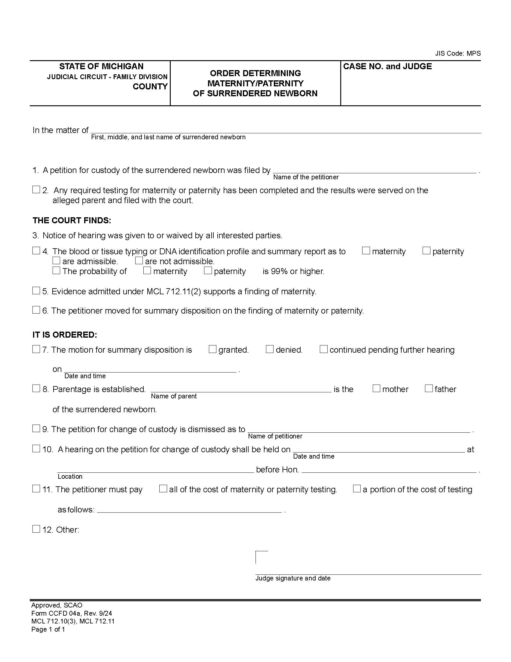 Order Determining Maternity Or Paternity Of Surrendered Newborn Child {CCFD 04a} | Pdf Fpdf Doc Docx | Michigan