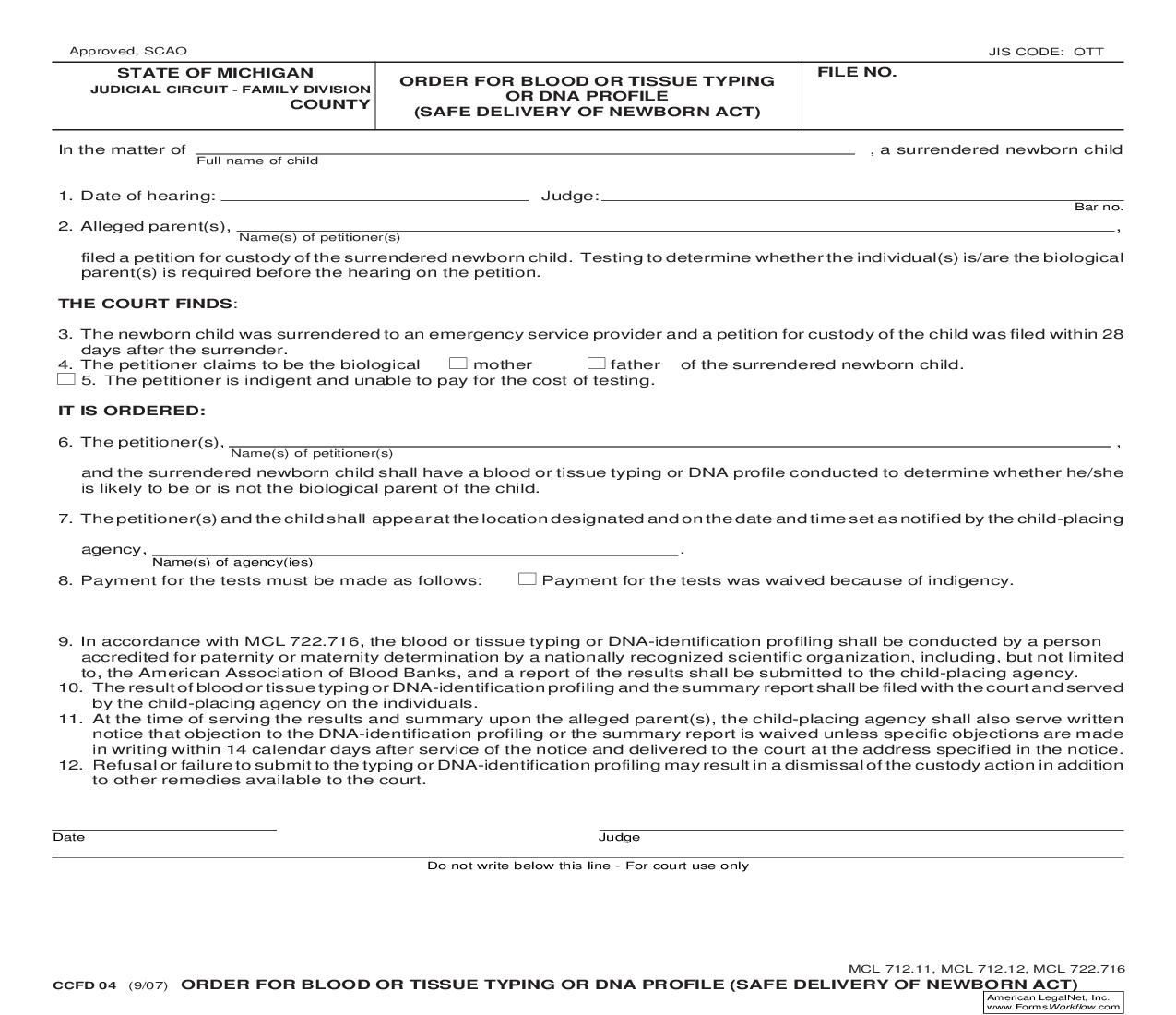 Order For Blood Or Tissue Typing Or DNA Profile (Safe Delivery Of Newborn Act) {CCFD 04} | Pdf Fpdf Doc Docx | Michigan