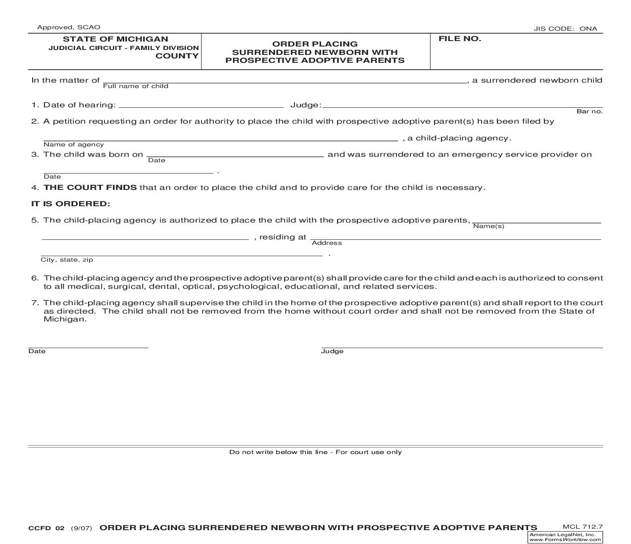 Order Placing Surrendered Newborn With Prospective Adoptive Parents {CCFD 02} | Pdf Fpdf Doc Docx | Michigan