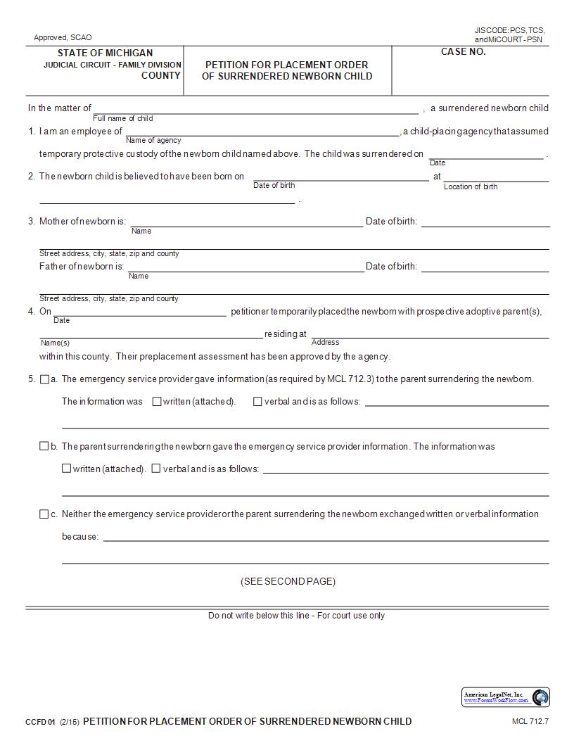 Petition For Placement Order Of Surrendered Newborn Child {CCFD 01} | Pdf Fpdf Docx | Michigan