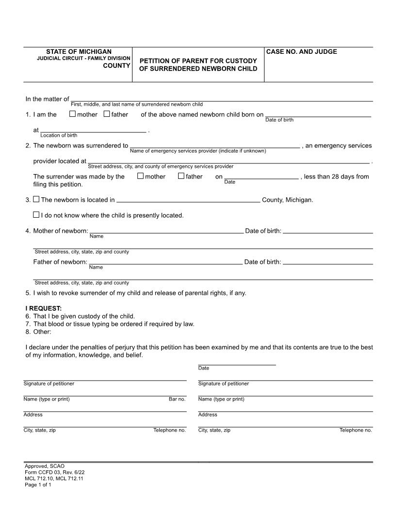Petition Of Parent For Custody Of Surrendered Newborn Child {CCFD 03} | Pdf Fpdf Docx | Michigan