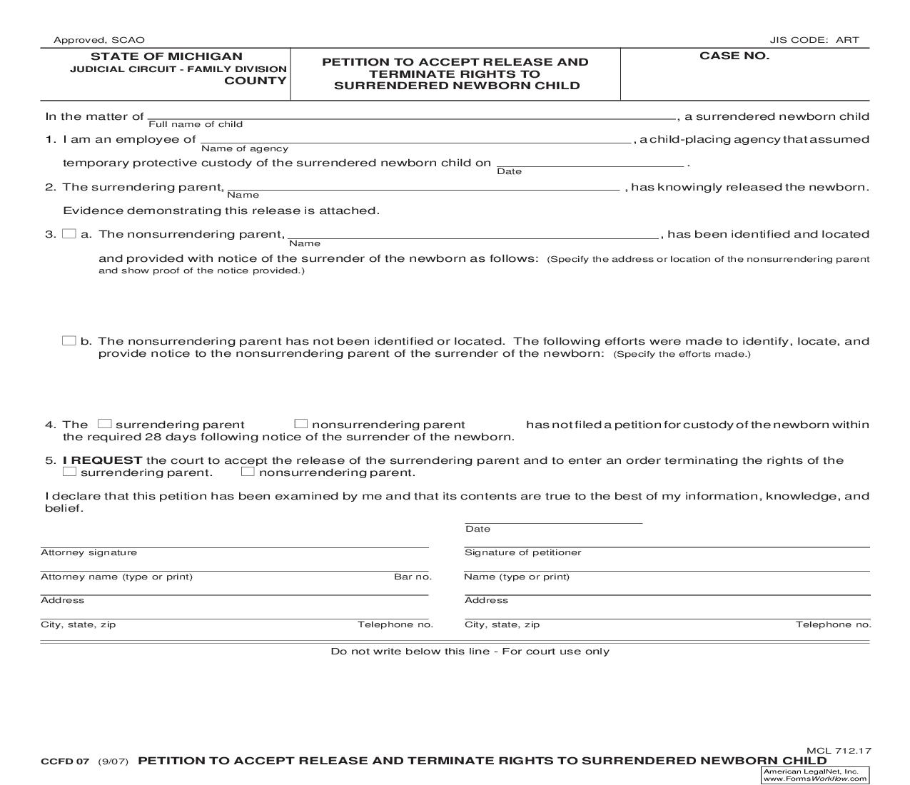 Petition To Accept Release And Terminate Rights To Surrendered Newborn Child {CCFD 07} | Pdf Fpdf Doc Docx | Michigan