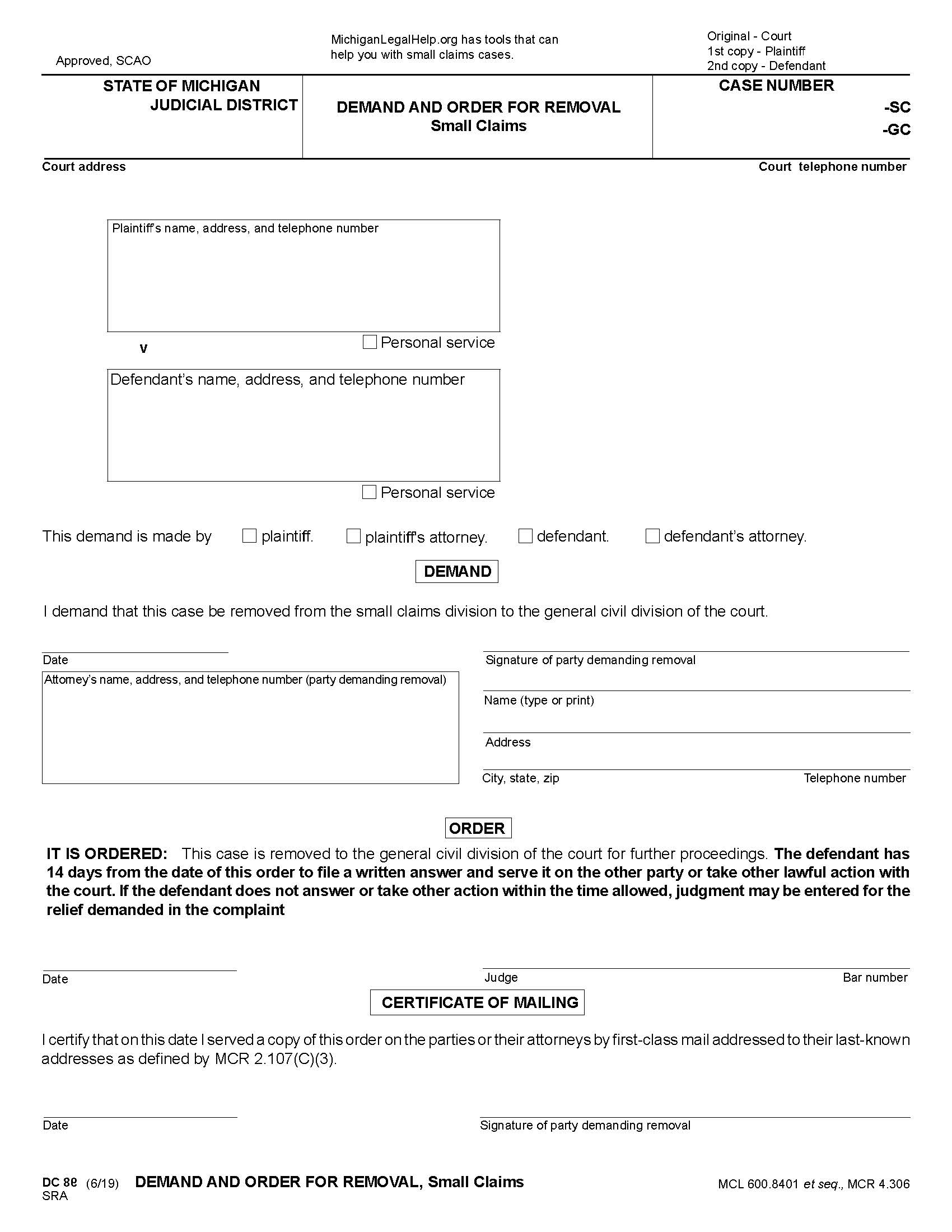 Demand And Order for Removal {DC 86} | Pdf Fpdf Docx | Michigan