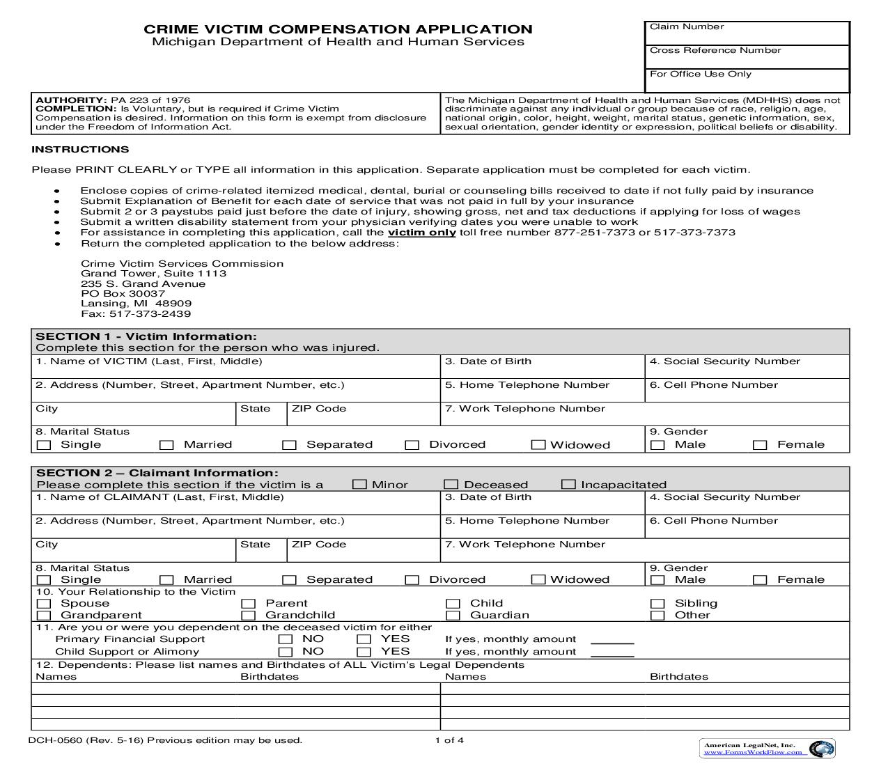 Crime Victim Compensation Application {DCH-0560} | Pdf Fpdf Doc Docx | Michigan