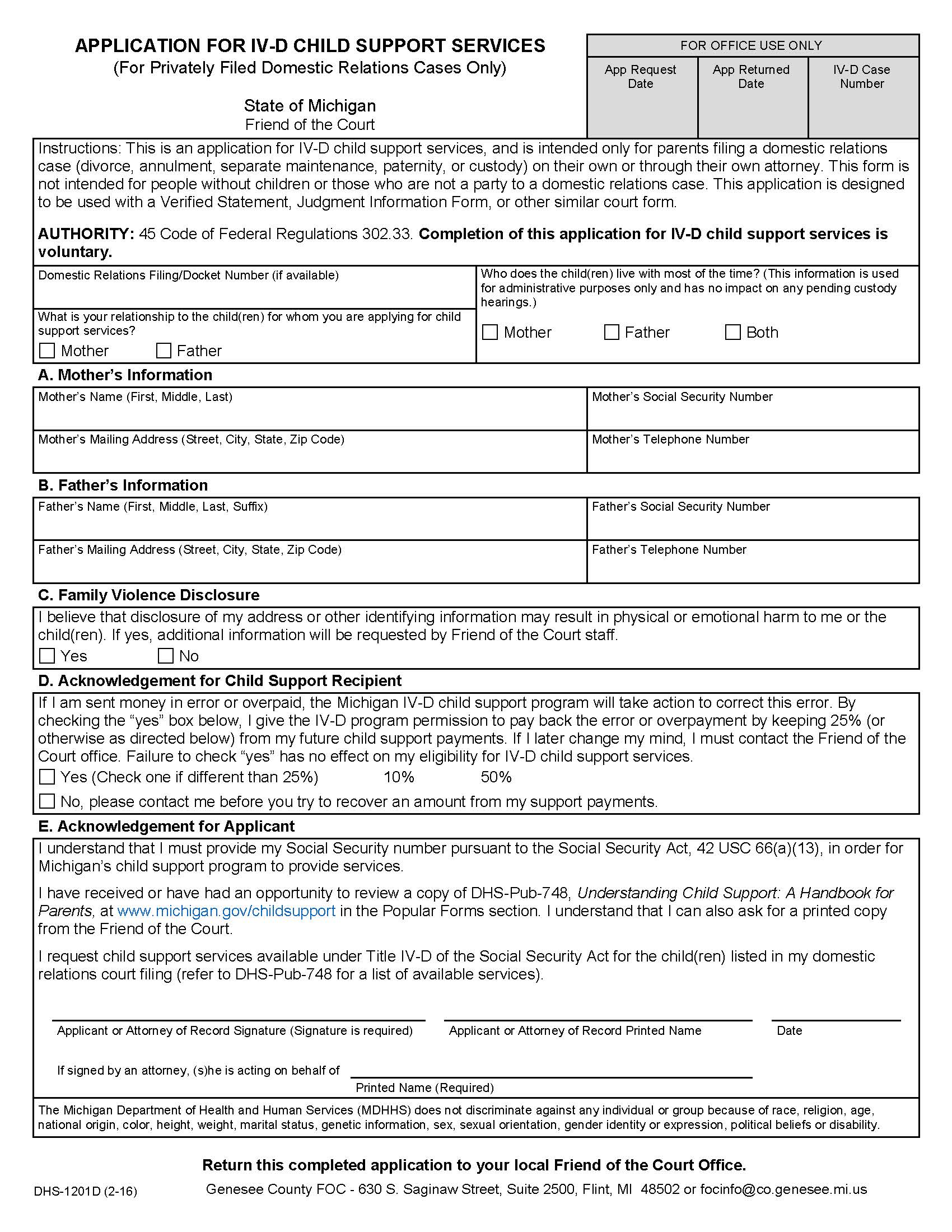 Application For IV-D Child Support Services | Pdf Fpdf Docx | Michigan