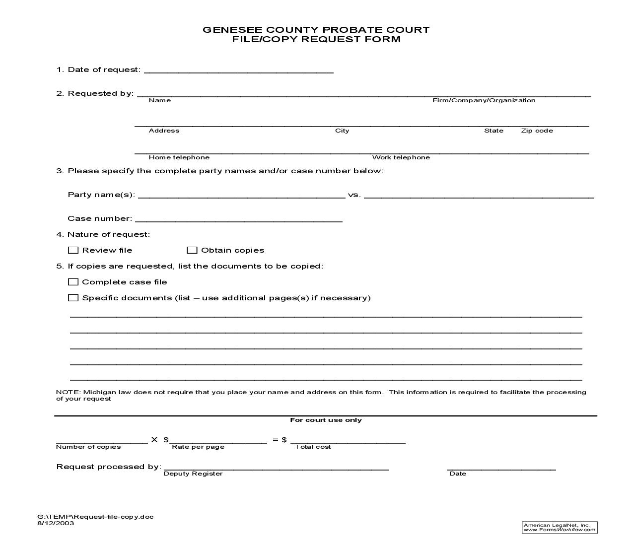 File Or Copy Request Form - Probate Court | Pdf Fpdf Doc Docx | Michigan