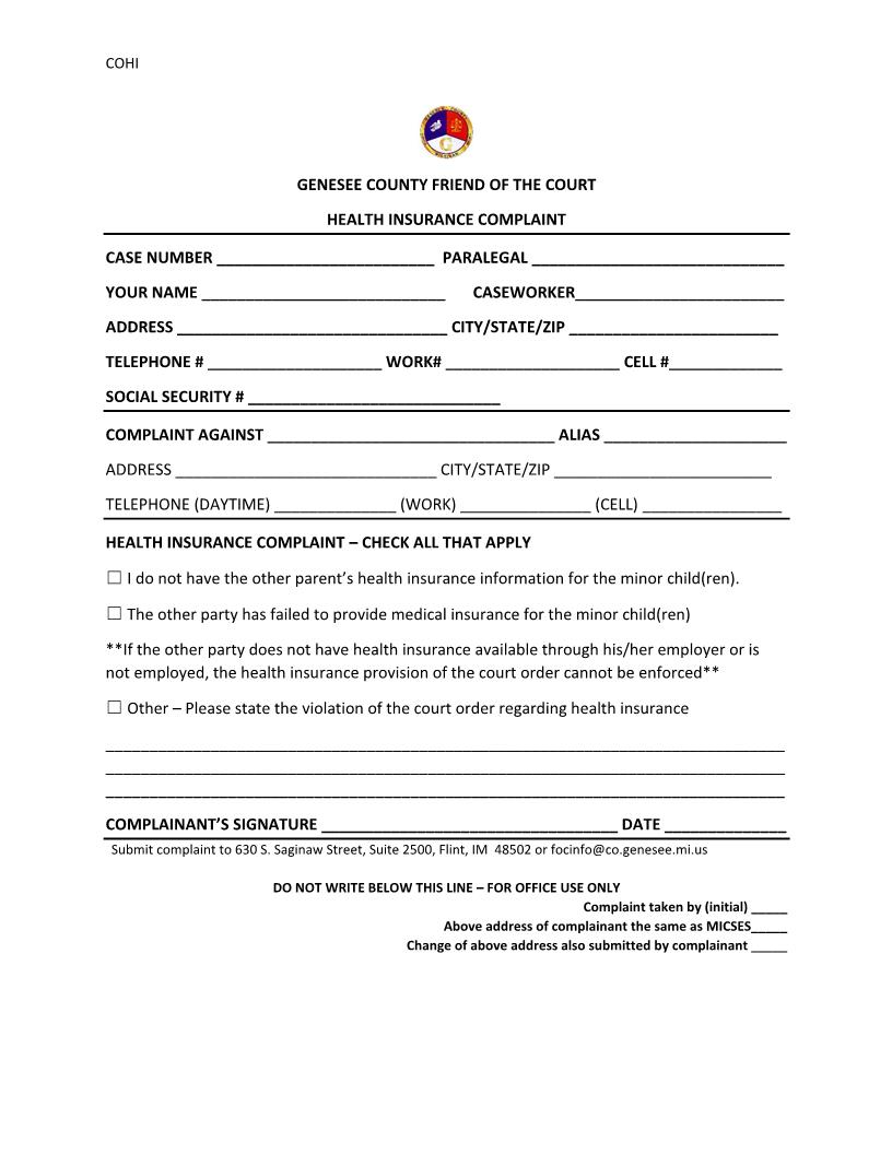 Health Insurance Complaint | Pdf Fpdf Docx | Michigan