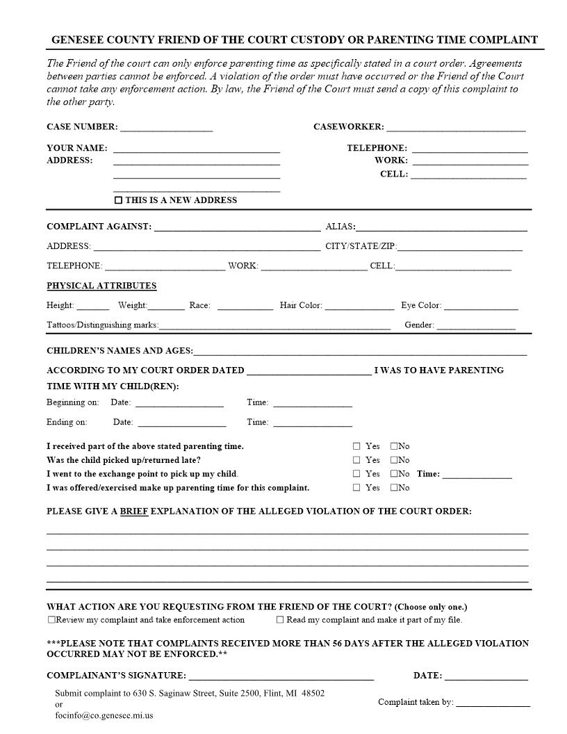 Parenting Time Complaint Form | Pdf Fpdf Doc Docx | Michigan