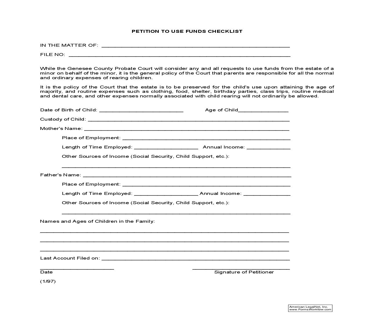 Petition To Use Funds Checklist | Pdf Fpdf Doc Docx | Michigan