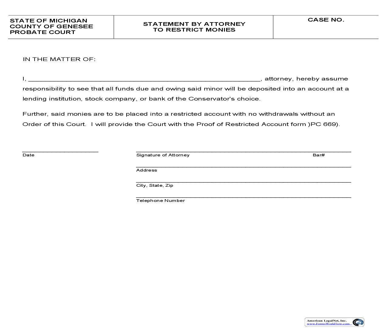 Statement By Attorney To Restrict Monies | Pdf Fpdf Doc Docx | Michigan