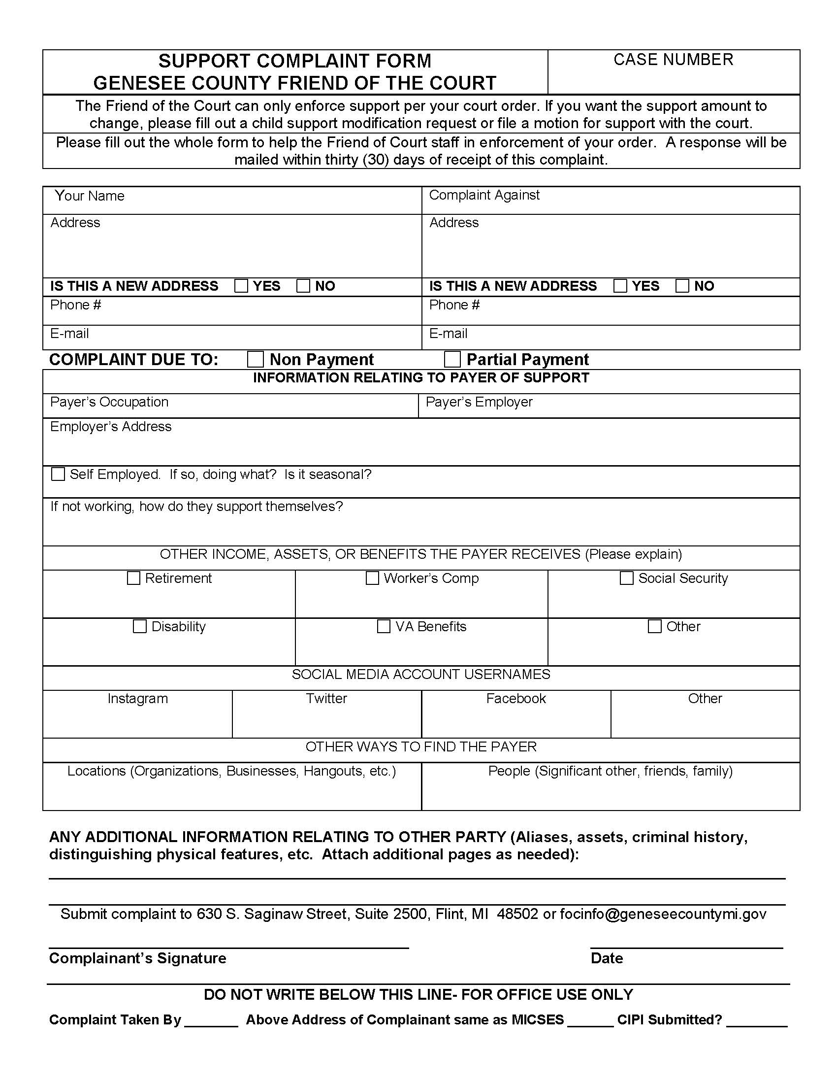 Support Complaint Form | Pdf Fpdf Docx | Michigan