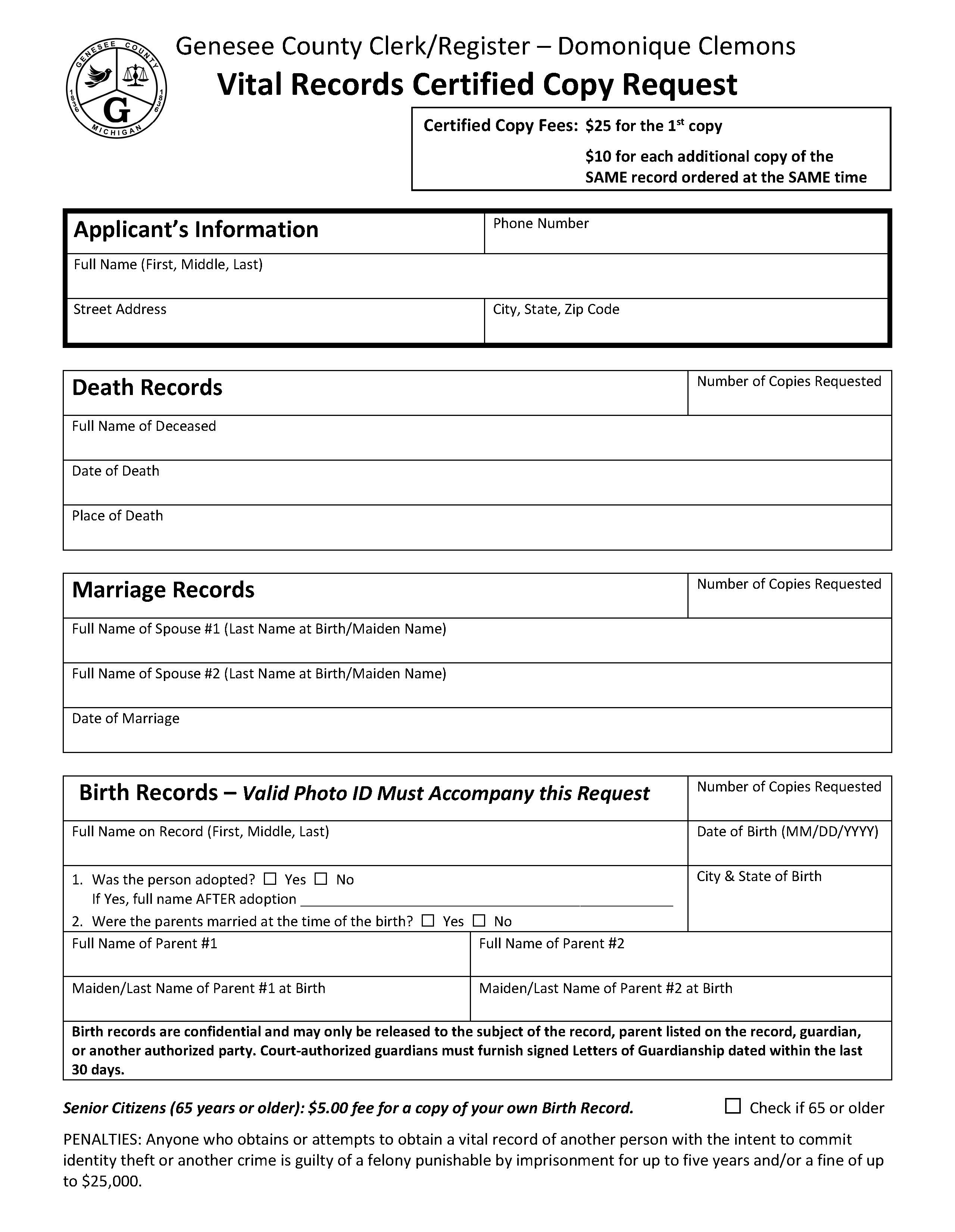 Vital Records Certified Copy Request | Pdf Fpdf Doc Docx | Michigan