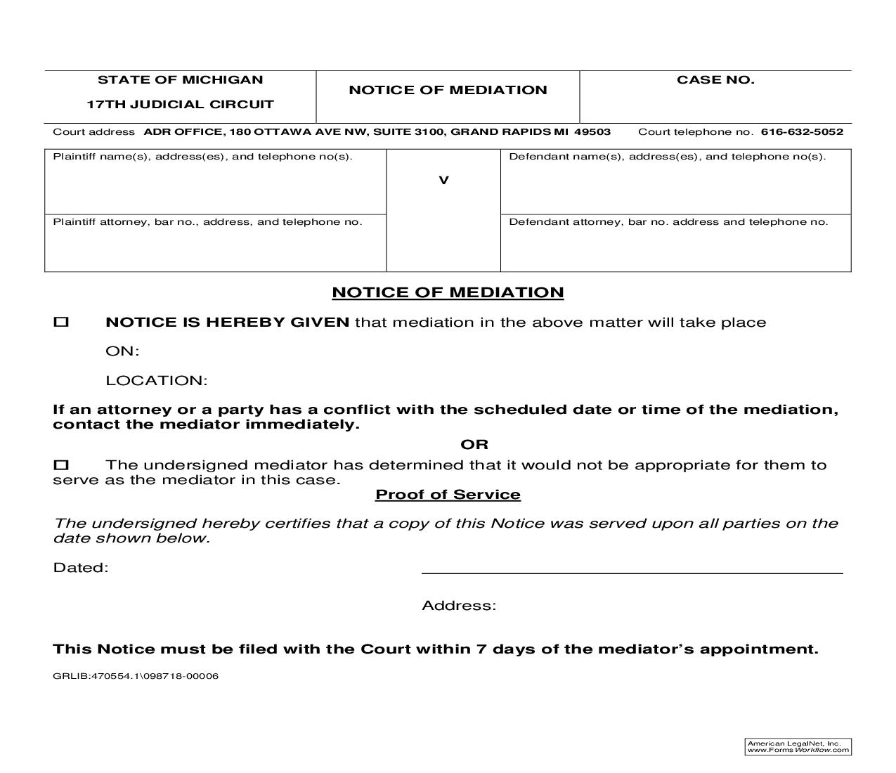 Notice Of Mediation With Proof Of Service | Pdf Fpdf Doc Docx | Michigan