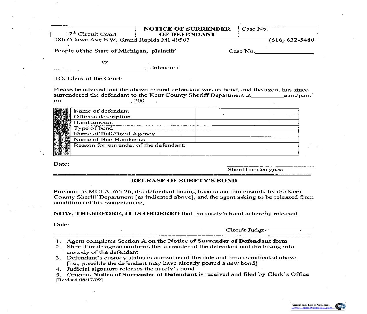 Notice Of Surrender Of Defendant | Pdf Fpdf Doc Docx | Michigan