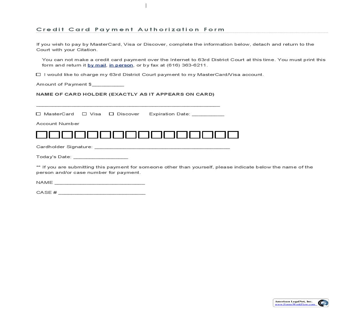Credit Card Payment Authorization Form |  | Michigan