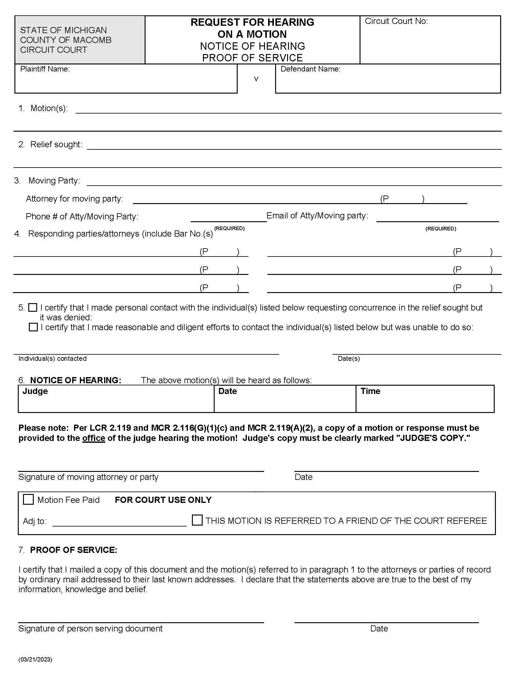Request For Hearing On A Motion | Pdf Fpdf Docx | Michigan