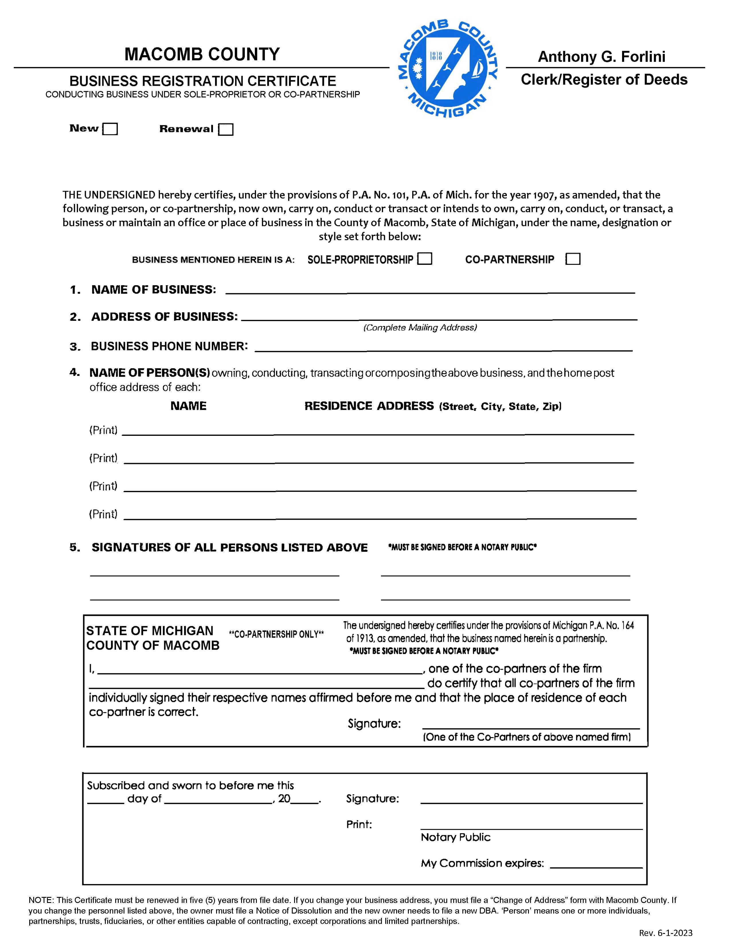 Business Registration Certificate (Sole Or Co Partnership) | Pdf Fpdf Docx | Michigan