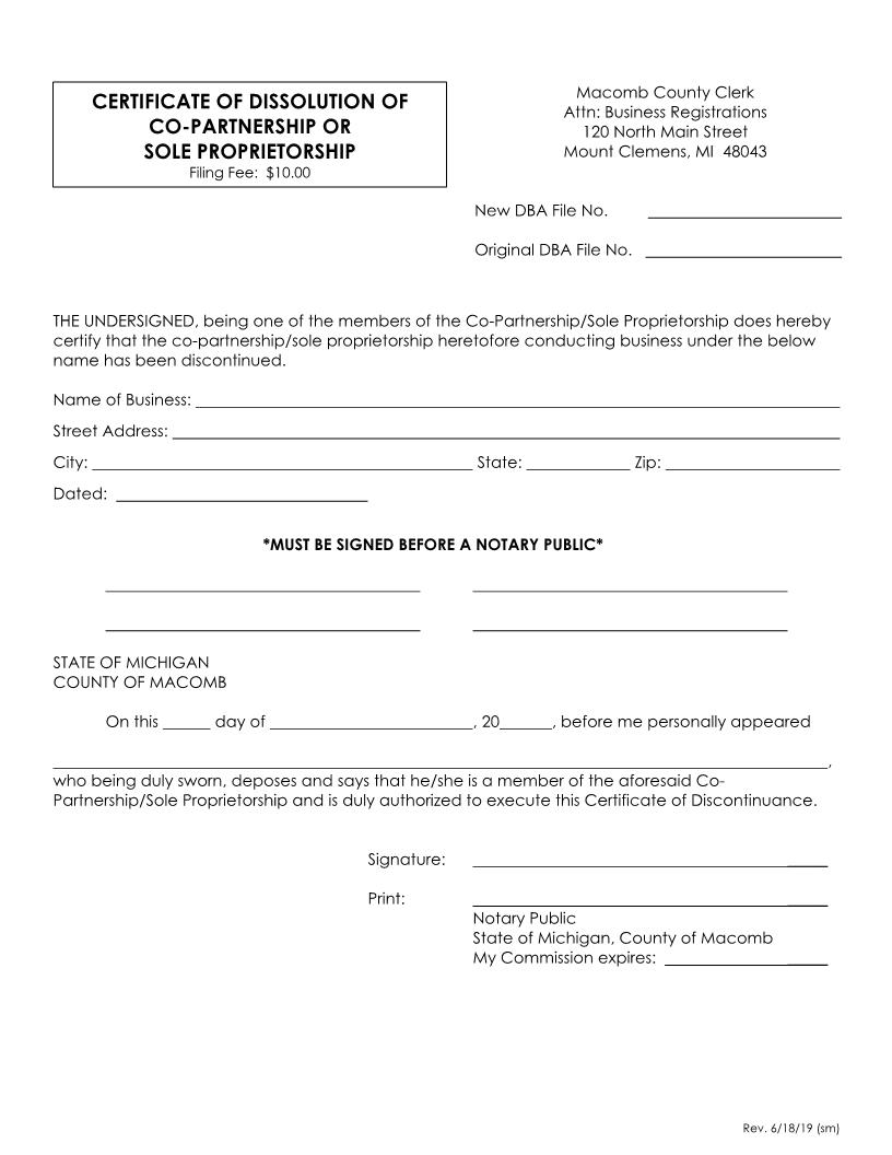 Certificate  Of Dissolution Of Co-Partnership Or Sole Propreitorship  (960) | Pdf Fpdf Docx | Michigan