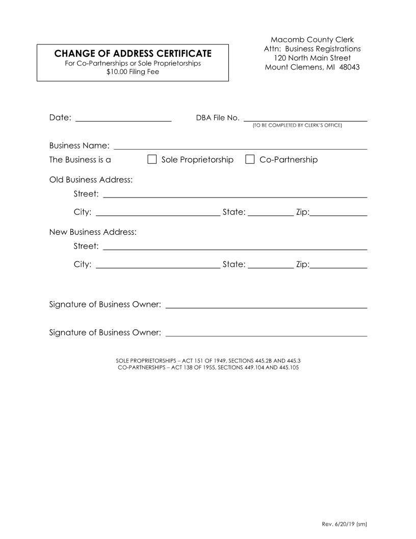 Change Of Address Certificate (Co-Partnerships Or Sole Proprietorships) {MC-141} | Pdf Fpdf Docx | Michigan